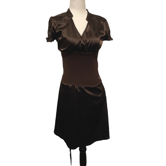 Twik chocolate brown collared wrap Y2K style dress - Picture 1 of 16